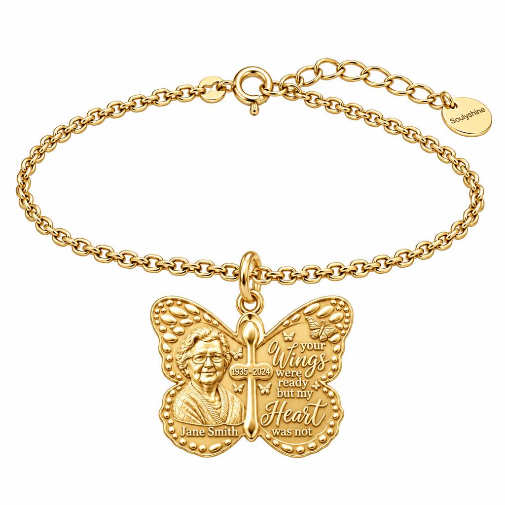 Butterfly Wings Memorial Charm Bracelet Set – 18K gold, front view