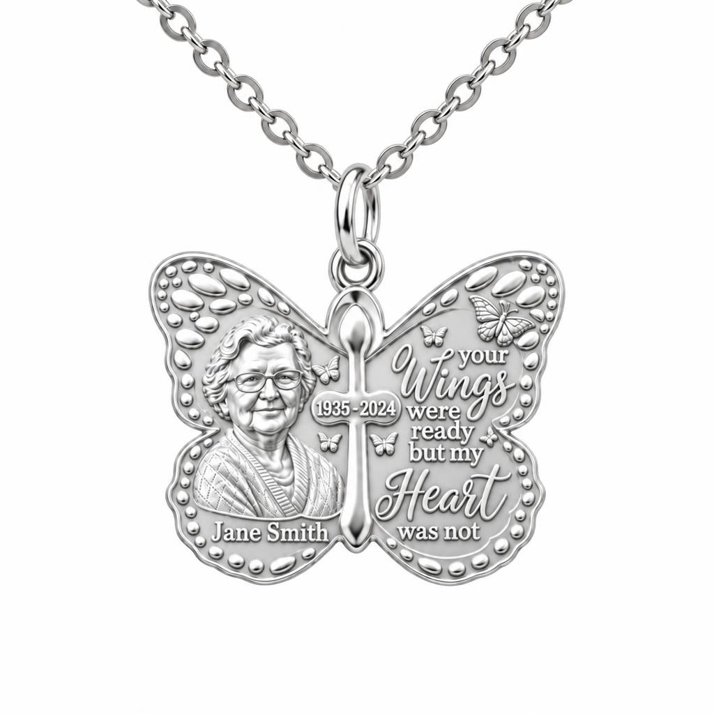 Butterfly Wings Memorial Charm Necklace Set – silver, front view