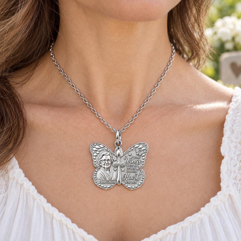 Butterfly Wings Memorial Charm Necklace Set – worn / in use