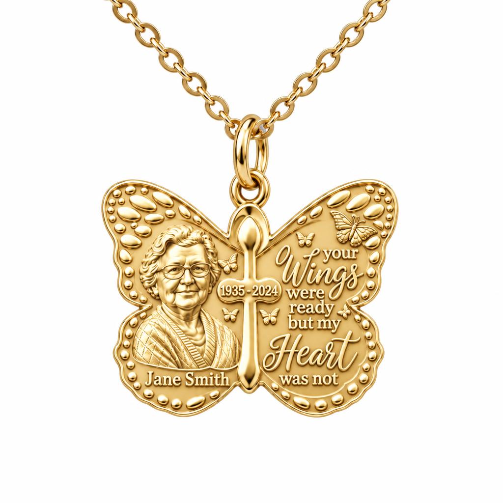 Butterfly Wings Memorial Charm Necklace Set – 18K gold, front view