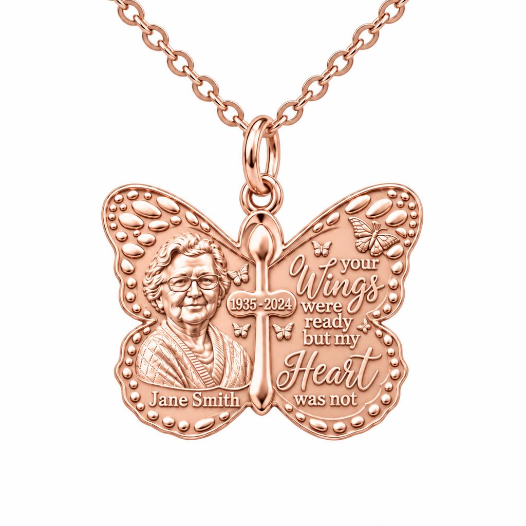 Butterfly Wings Memorial Charm Necklace Set – rose gold, front view