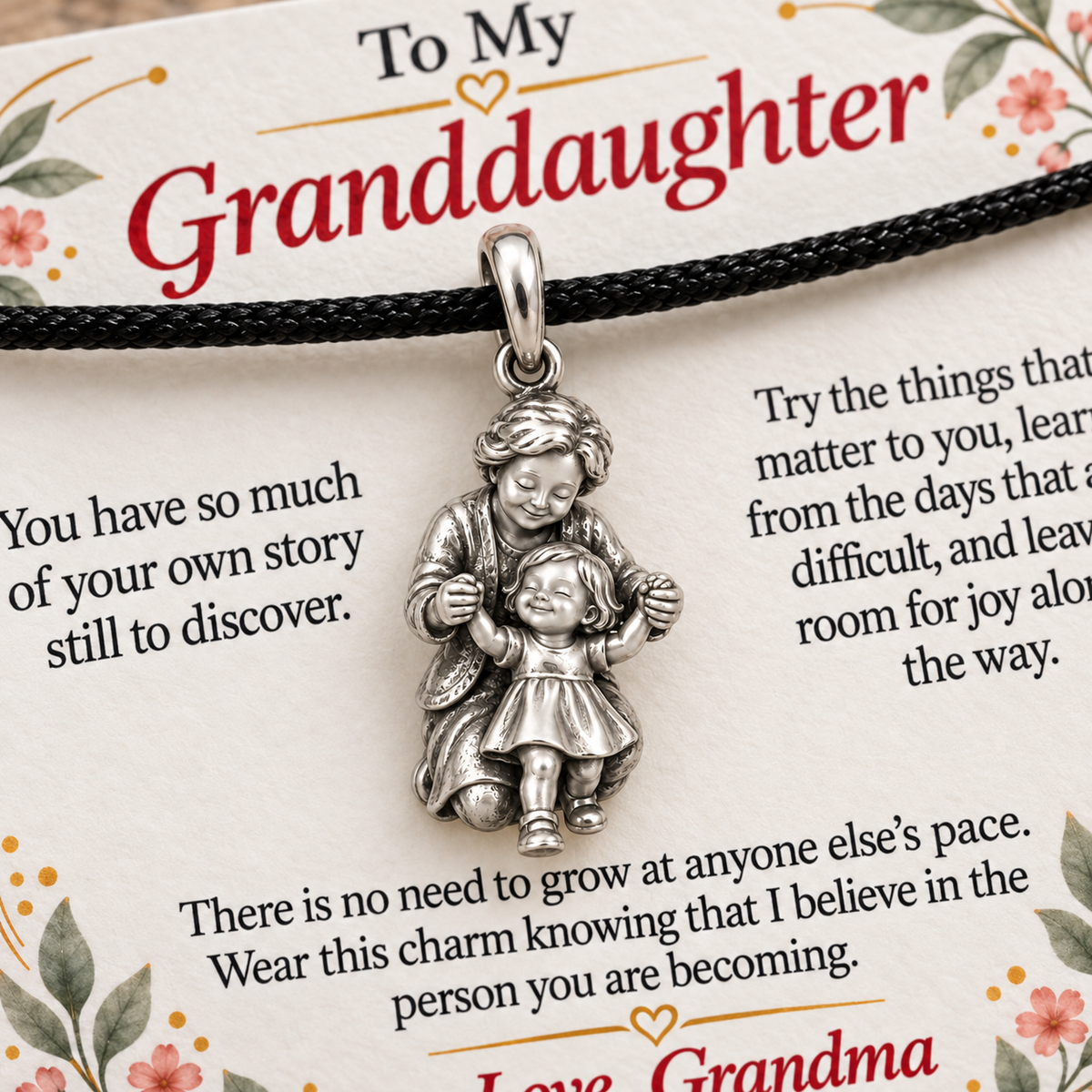 Grandma's First Steps Charm: Grow Your Way — Macro detail, silver finish