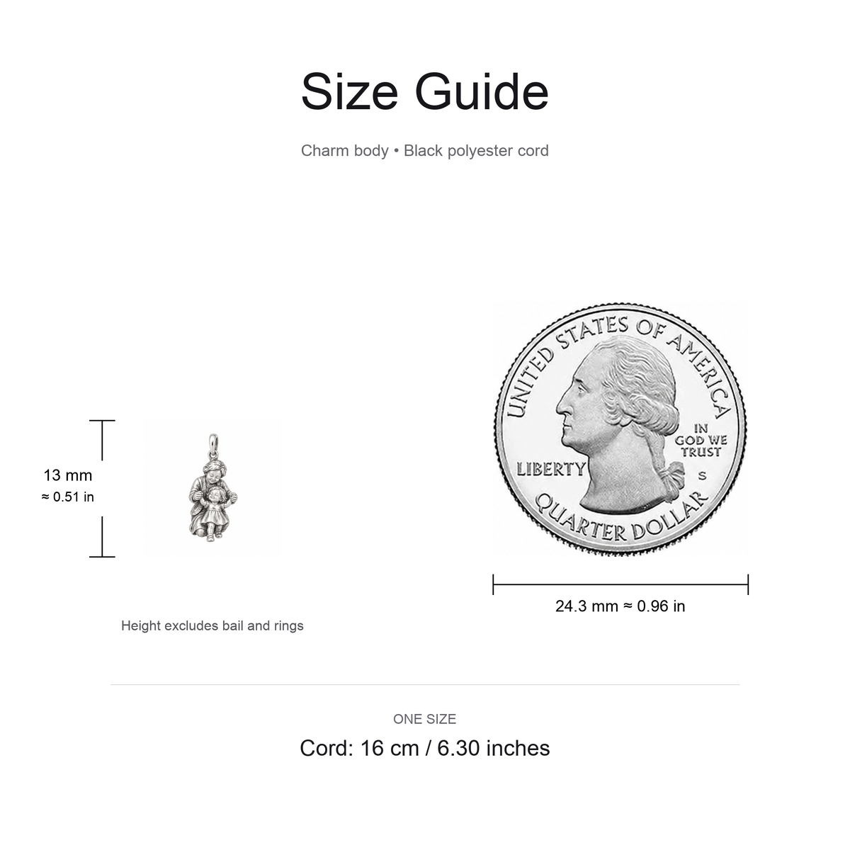 Grandma's First Steps Charm: Grow Your Way — Size guide, 13 mm body and 16 cm cord