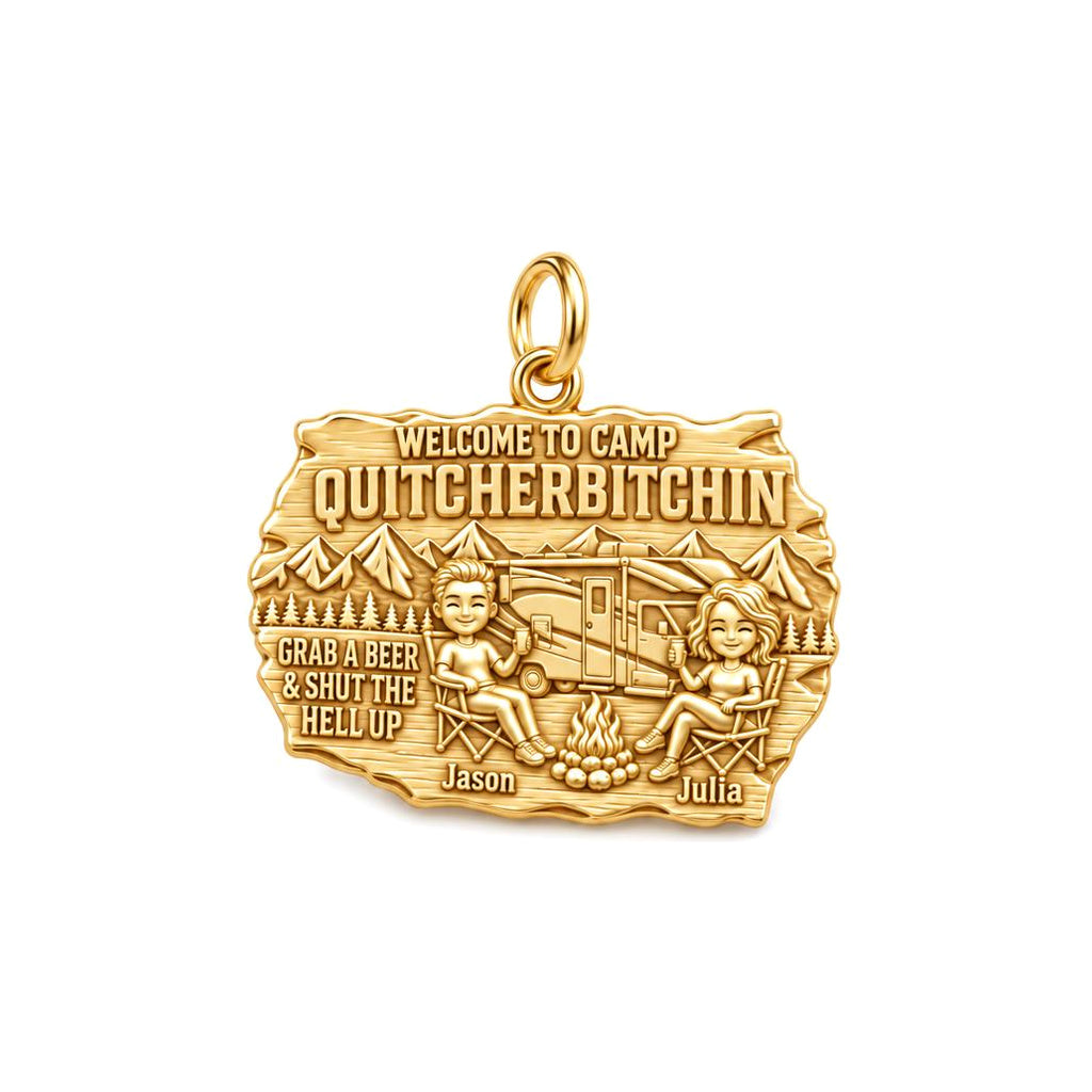Camp Quitcherbitchin Charm Bracelet – Personalized Couple Gift – 18K gold plated 3 cm charm, front view