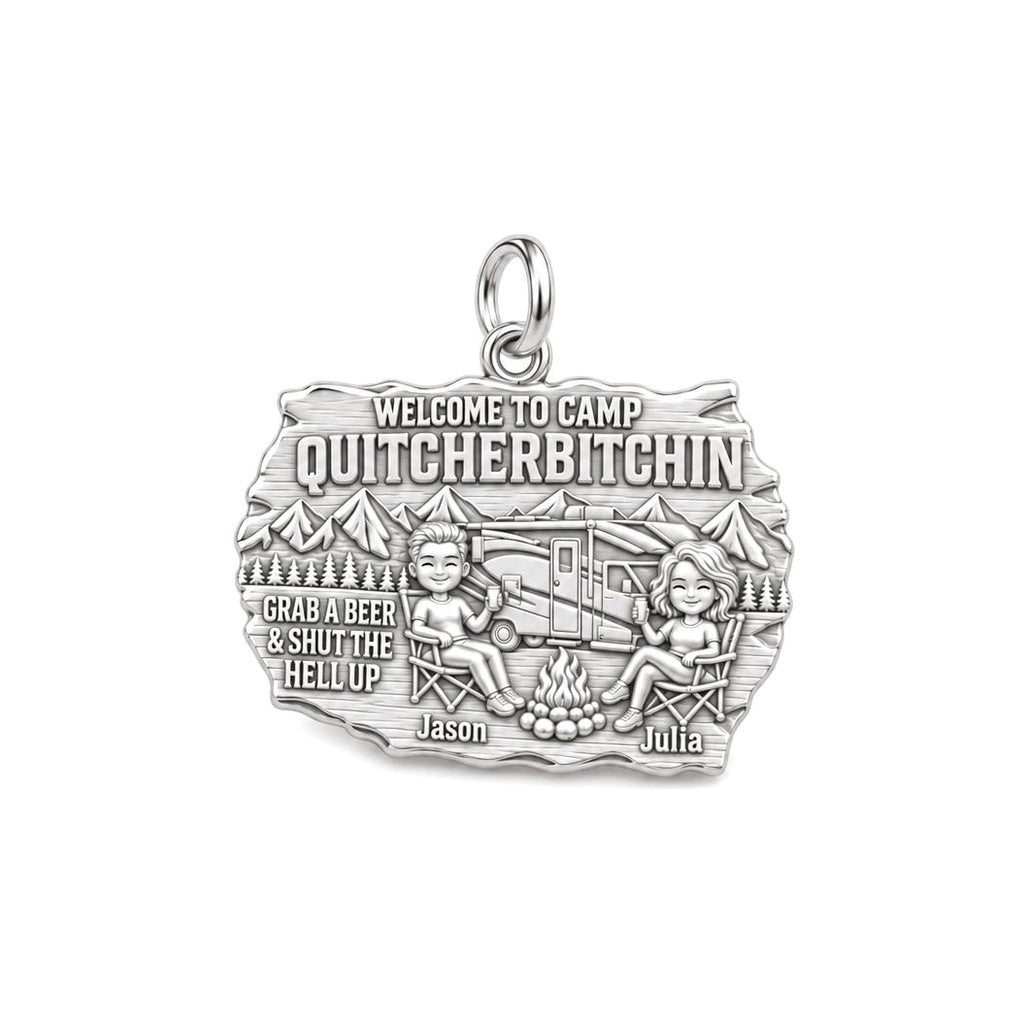Camp Quitcherbitchin Charm Bracelet – Personalized Couple Gift – silver plated 3 cm charm, front view