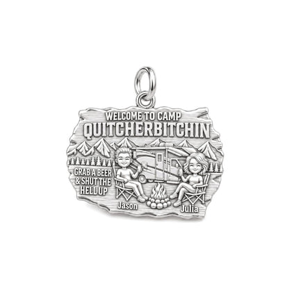 Camp Quitcherbitchin Charm Bracelet – Personalized Couple Gift – silver plated 3 cm charm, front view