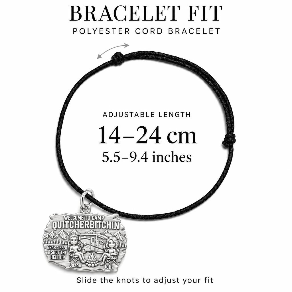 Camp Quitcherbitchin Charm Bracelet – Personalized Couple Gift – adjustable black cord bracelet, 14–24 cm