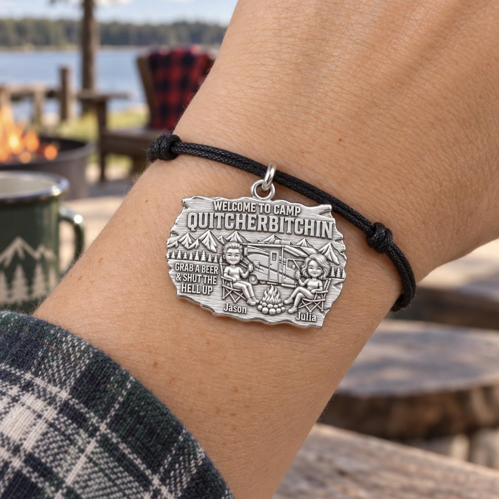 Camp Quitcherbitchin Charm Bracelet – Personalized Couple Gift – worn on the wrist on a black cord bracelet