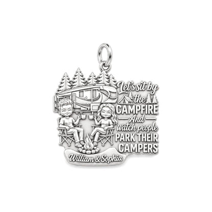 Campfire People Watching Charm Bracelet – Personalized Couple Gift – silver plated 2 cm charm, front view