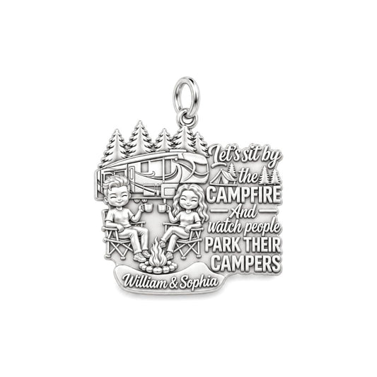 Campfire People Watching Charm Bracelet – Personalized Couple Gift – silver plated 3 cm charm, front view