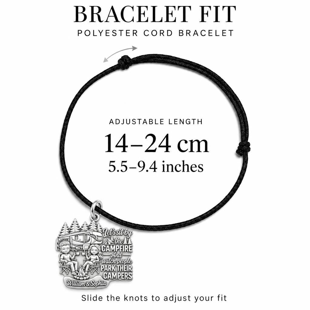 Campfire People Watching Charm Bracelet – Personalized Couple Gift – adjustable black cord bracelet, 14–24 cm
