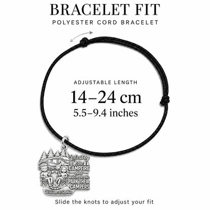 Campfire People Watching Charm Bracelet – Personalized Couple Gift – adjustable black cord bracelet, 14–24 cm
