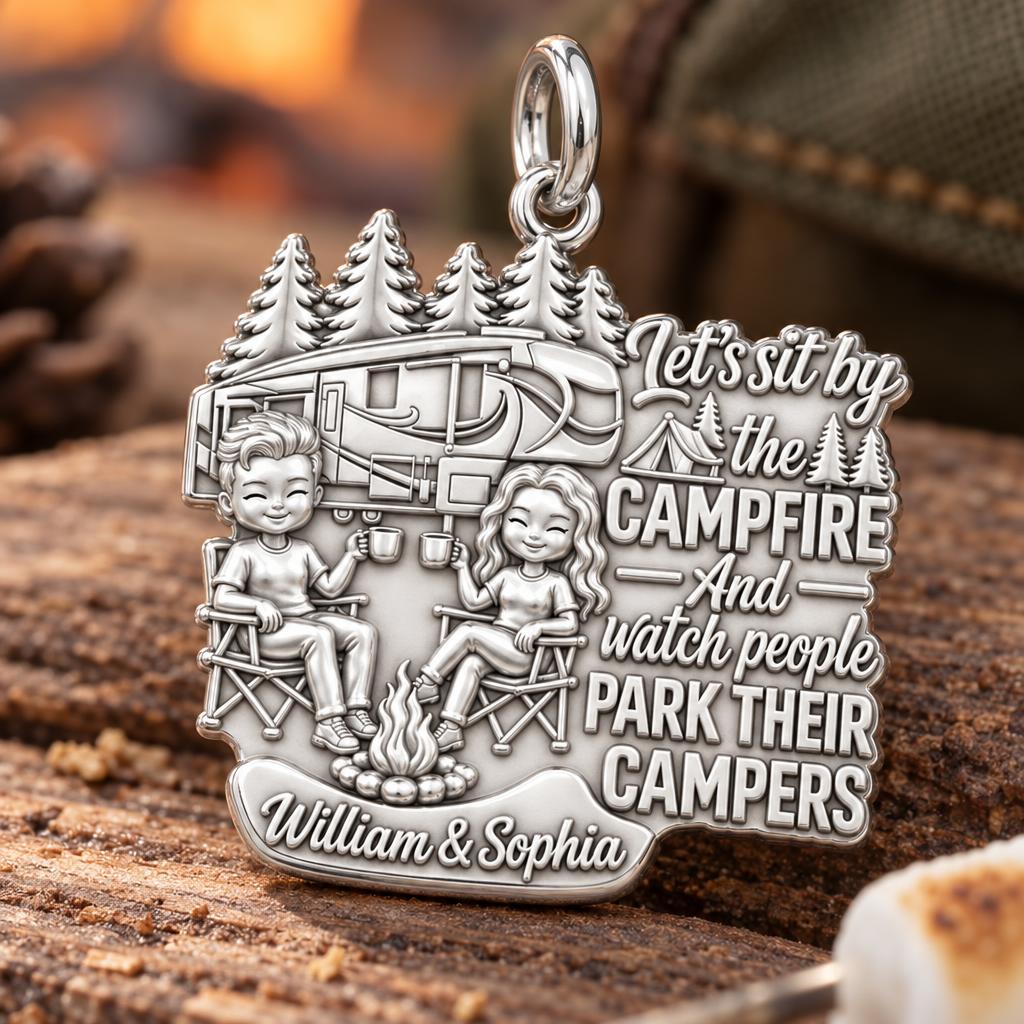 Campfire People Watching Charm Bracelet – Personalized Couple Gift – macro detail of the charm