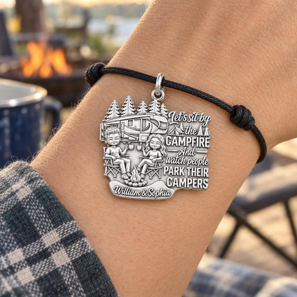Campfire People Watching Charm Bracelet – Personalized Couple Gift – worn on the wrist on a black cord bracelet