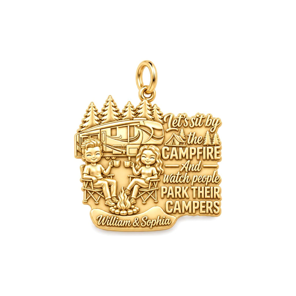Campfire People Watching Charm Bracelet – Personalized Couple Gift – 18K gold plated 2 cm charm, front view
