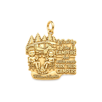 Campfire People Watching Charm Bracelet – Personalized Couple Gift – 18K gold plated 2 cm charm, front view
