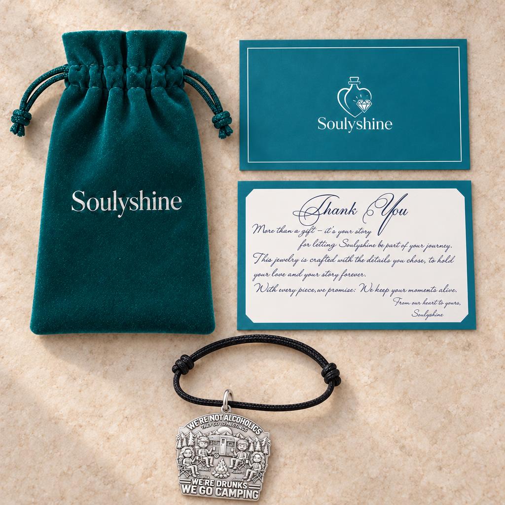 Camping Friends Campfire Charm Bracelet – Personalized Bestie Gift – Soulyshine velvet pouch and gift card