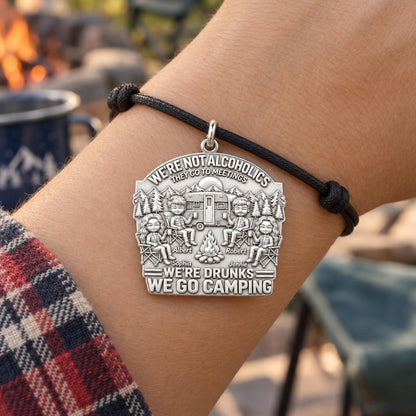 Camping Friends Campfire Charm Bracelet – Personalized Bestie Gift – worn on the wrist on a black cord bracelet