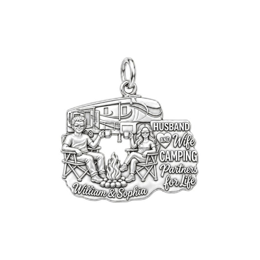 Camping Partners For Life Charm Bracelet – Personalized Couple Gift – silver plated 3 cm charm, front view