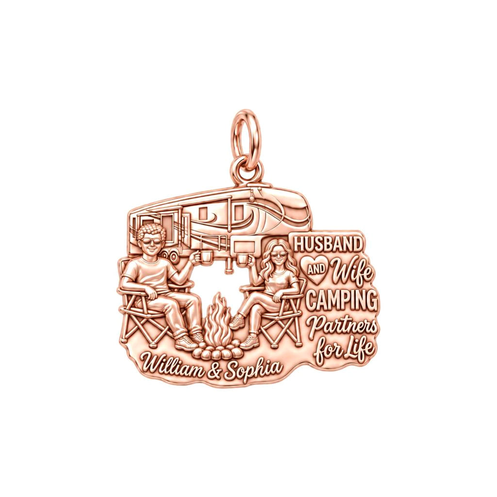Camping Partners For Life Charm Bracelet – Personalized Couple Gift – rose gold 3 cm charm, front view