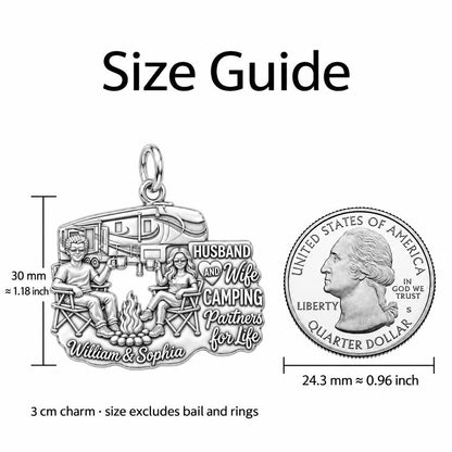 Camping Partners For Life Charm Bracelet – Personalized Couple Gift – size guide, 3 cm charm next to a quarter