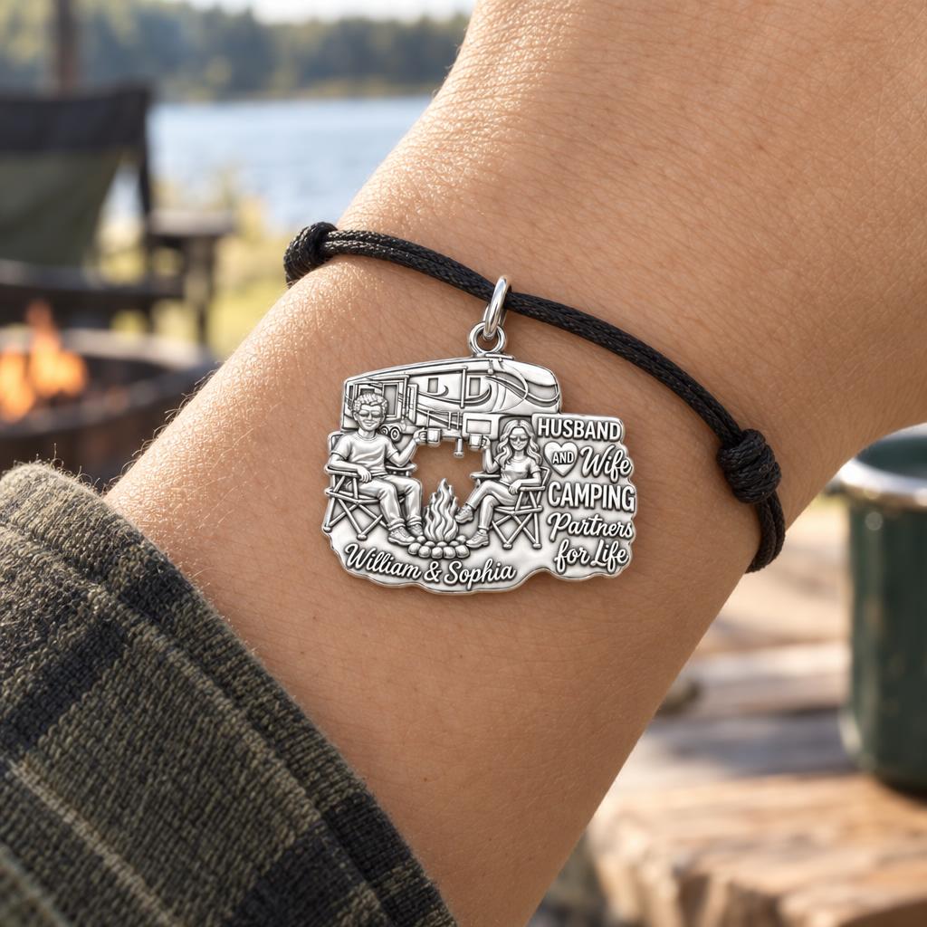 Camping Partners For Life Charm Bracelet – Personalized Couple Gift – worn on the wrist on a black cord bracelet