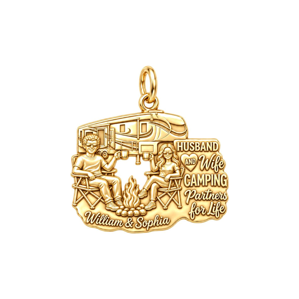 Camping Partners For Life Charm Bracelet – Personalized Couple Gift – 18K gold plated 3 cm charm, front view