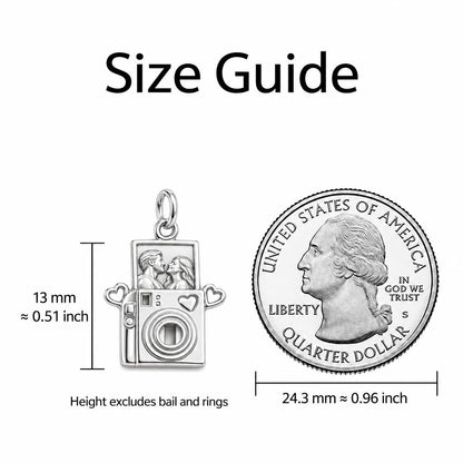 Captured Moments Camera Charm Bracelet – Personalized Couple Gift – size guide, 13 mm charm next to a quarter