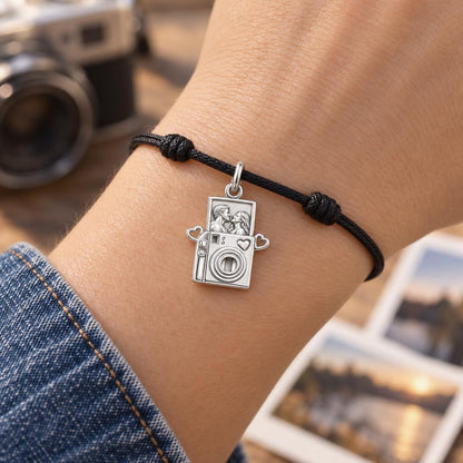 Captured Moments Camera Charm Bracelet – Personalized Couple Gift – worn on the wrist on a black cord bracelet