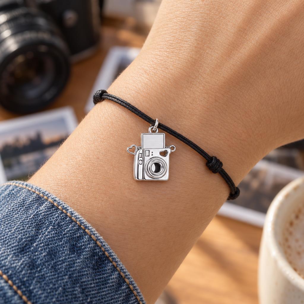 Captured Moments Camera Charm – Personalized Photographer Gift – worn on the wrist on a black cord bracelet