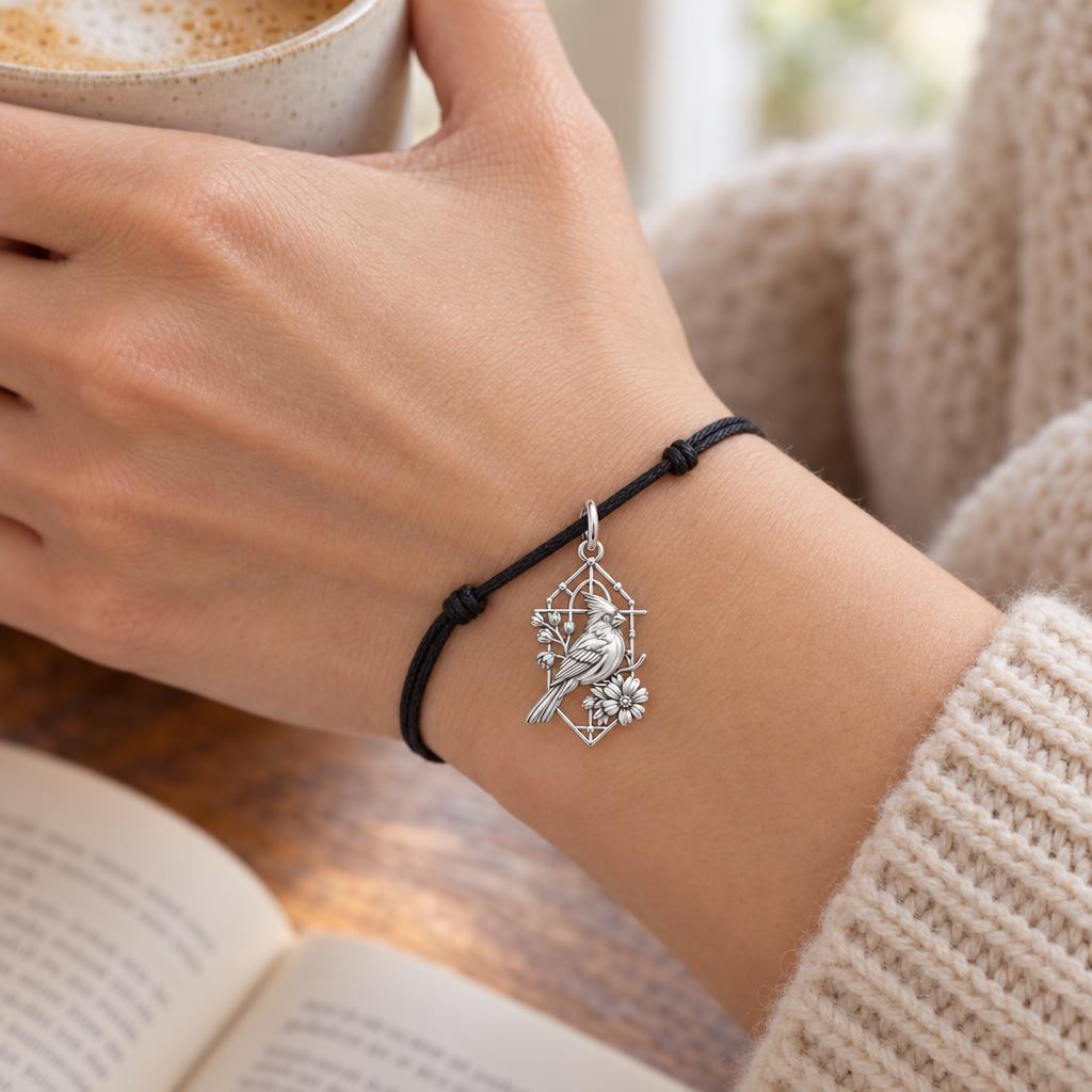 Cardinal at the Window Charm and Polyester Cord Bracelet Set