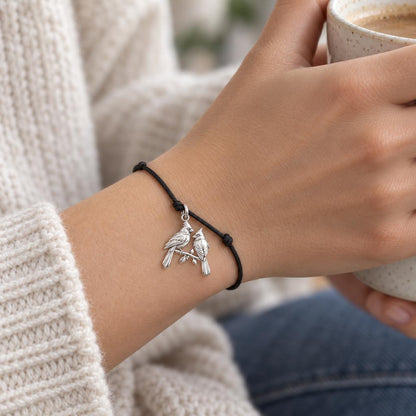 Cardinal Couple on a Branch Charm and Polyester Cord Bracelet Set