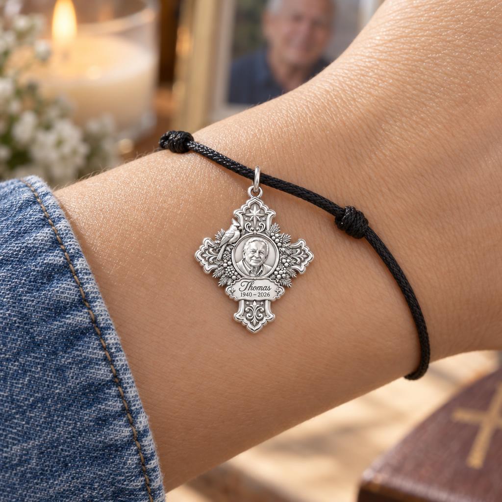 Cardinal Cross Memorial Charm Bracelet – Personalized Bereavement Gift – worn on the wrist on a black cord bracelet