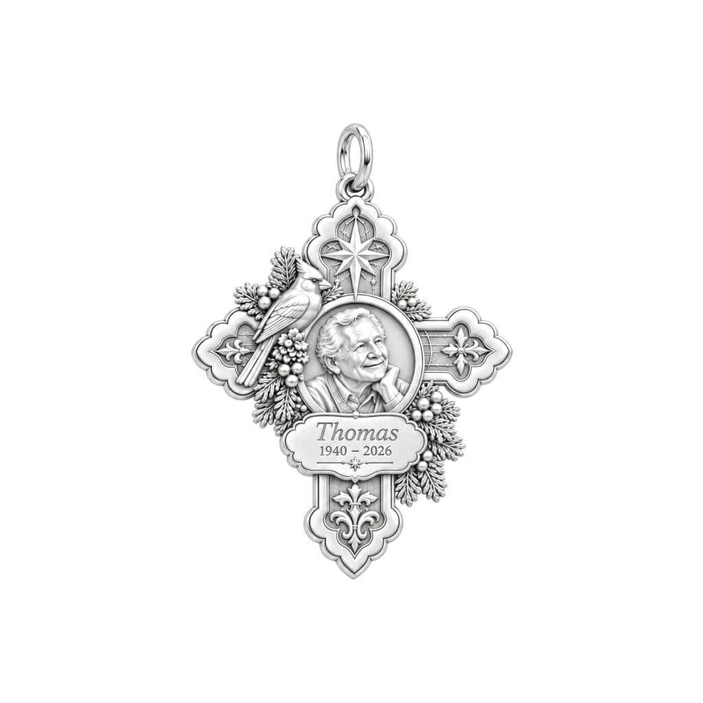 Cardinal Cross Remembrance Charm Bracelet – Personalized Memorial Gift – silver charm, front view