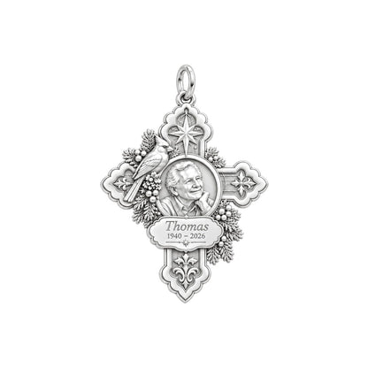 Cardinal Cross Remembrance Charm Bracelet – Personalized Memorial Gift – silver charm, front view