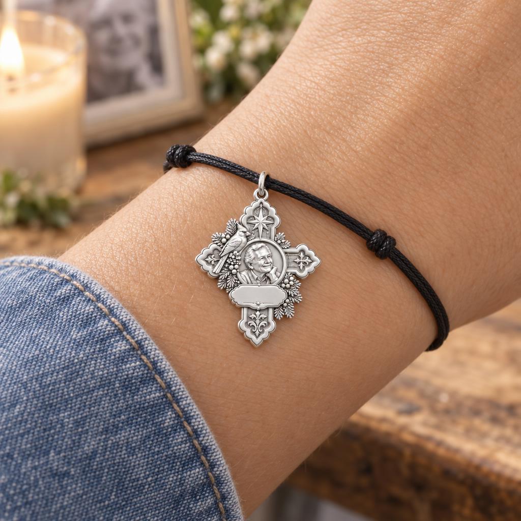 Cardinal Cross Remembrance Charm Bracelet – Personalized Memorial Gift – worn on the wrist on a black cord bracelet