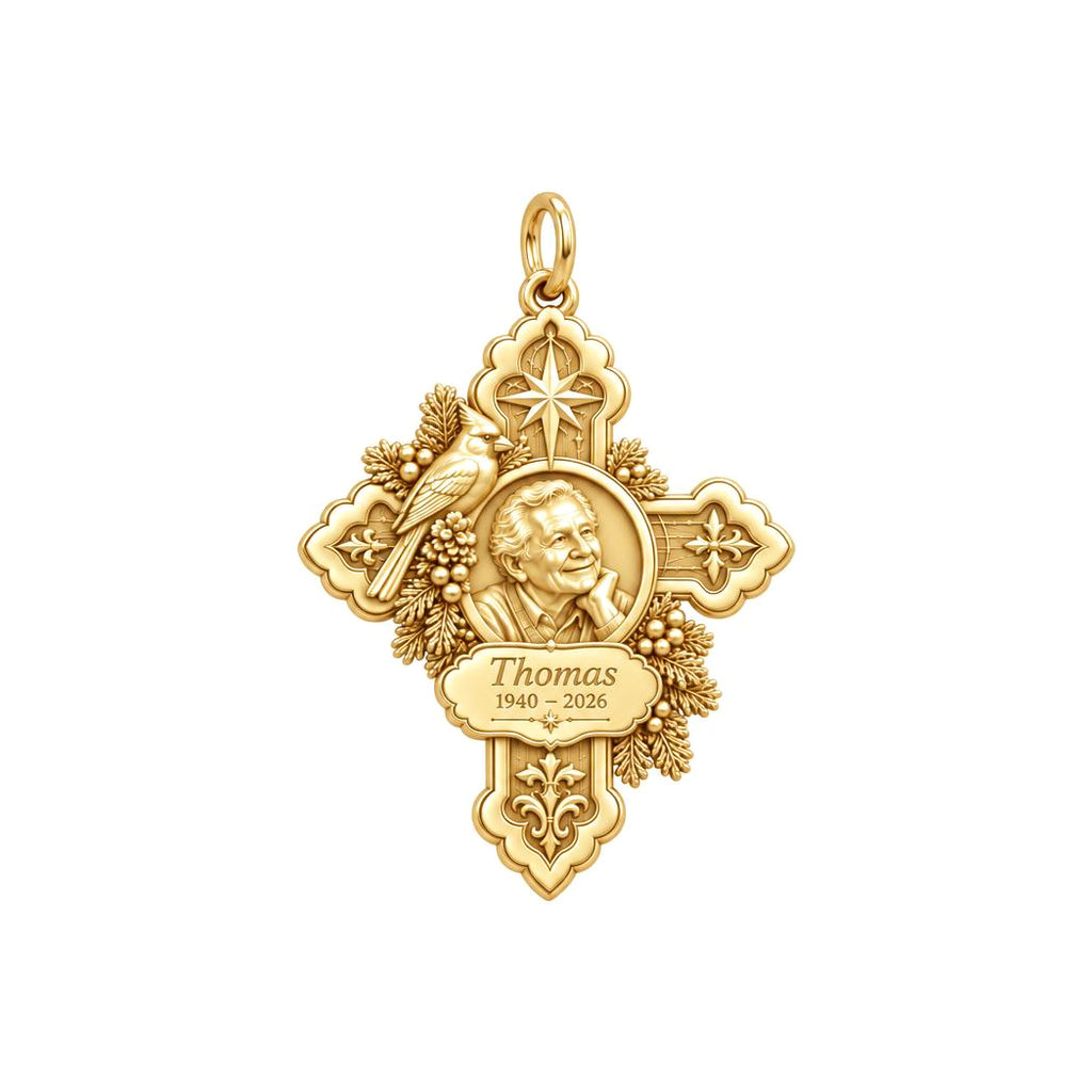 Cardinal Cross Remembrance Charm Bracelet – Personalized Memorial Gift – 18K gold charm, front view