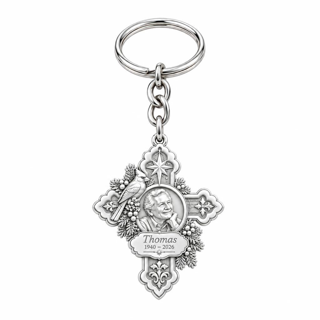 Cardinal Cross Remembrance Charm Keychain – silver, front view