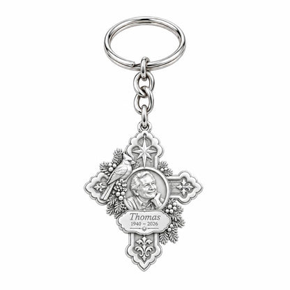 Cardinal Cross Remembrance Charm Keychain – silver, front view