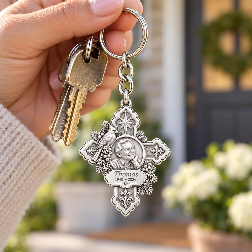 Cardinal Cross Remembrance Charm Keychain – worn / in use