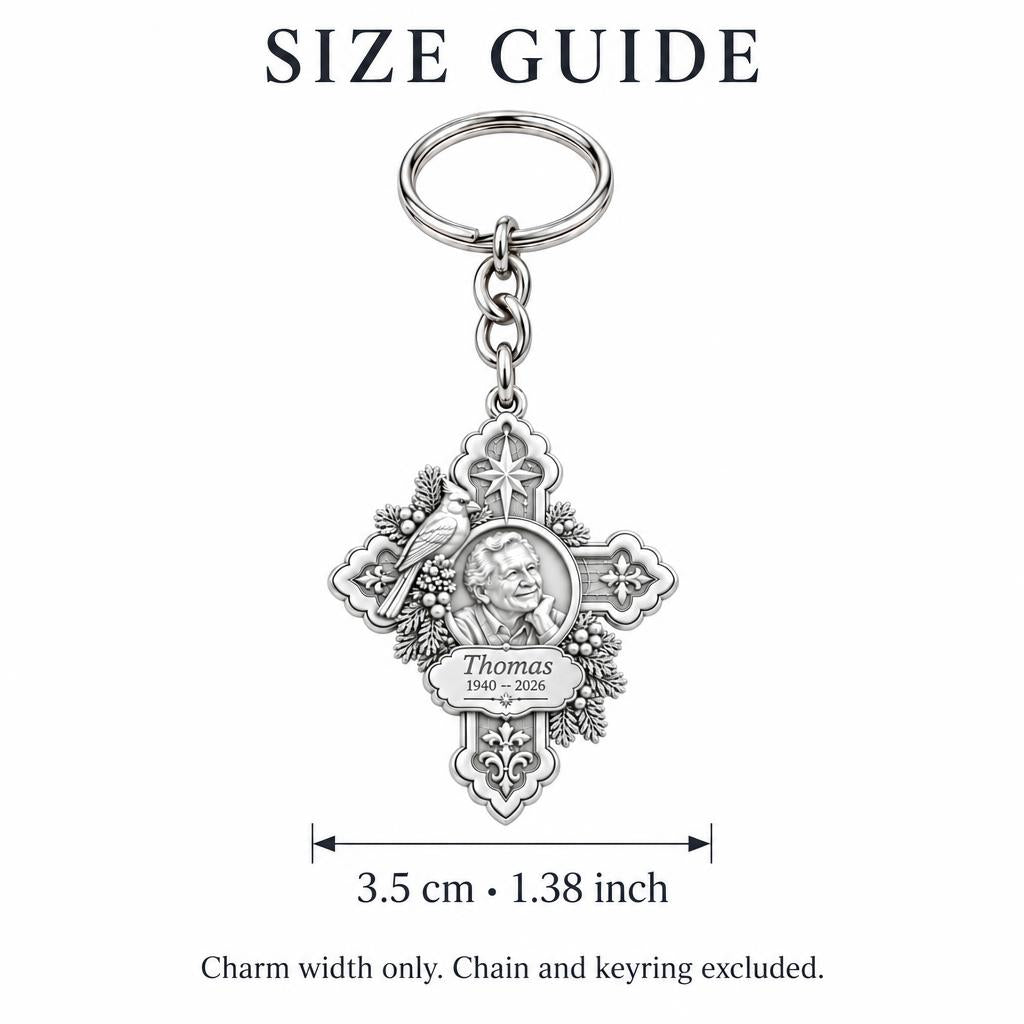 Cardinal Cross Remembrance Charm Keychain – size guide, 3.5 cm (1.38 in) charm, chain and keyring excluded