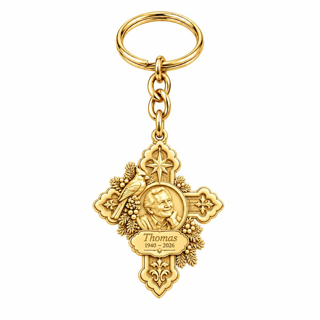 Cardinal Cross Remembrance Charm Keychain – 18K gold, front view