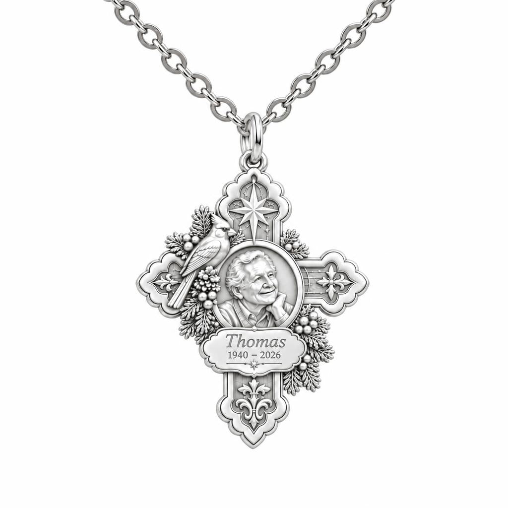 Cardinal Cross Remembrance Charm Necklace Set – silver, front view