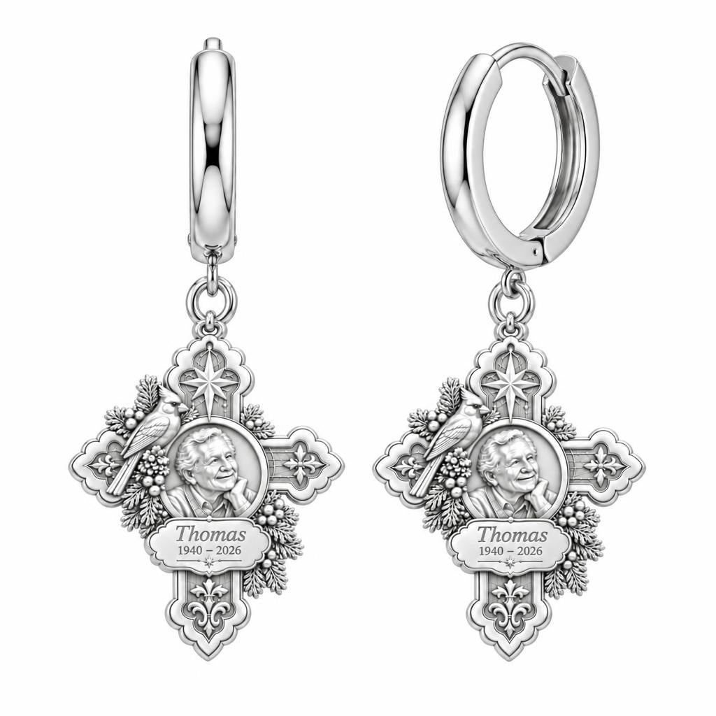 Cardinal Cross Remembrance Huggie Charm Earrings – silver, front view