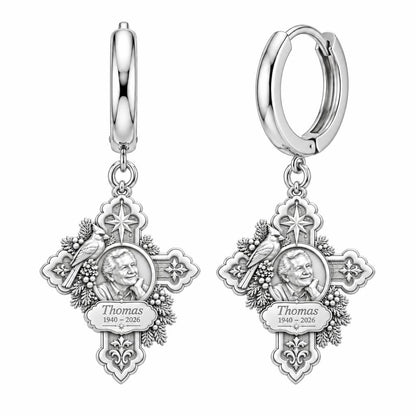 Cardinal Cross Remembrance Huggie Charm Earrings – silver, front view