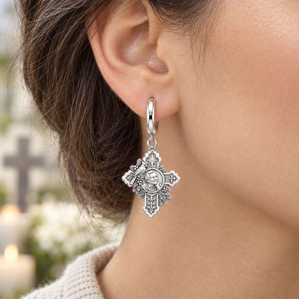 Cardinal Cross Remembrance Huggie Charm Earrings – worn / in use