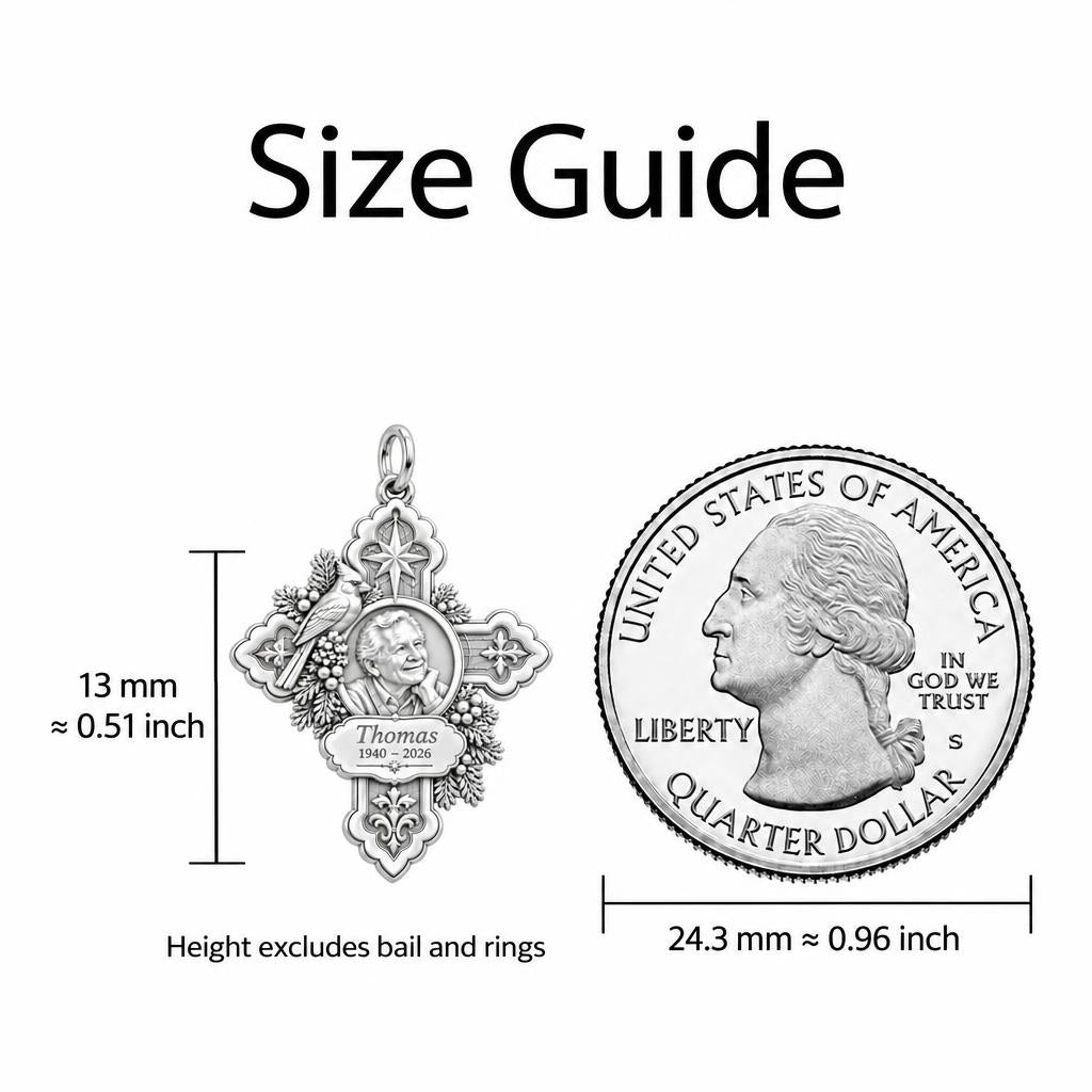Cardinal Cross Remembrance Huggie Charm Earrings – size guide, 13 mm charm next to a quarter