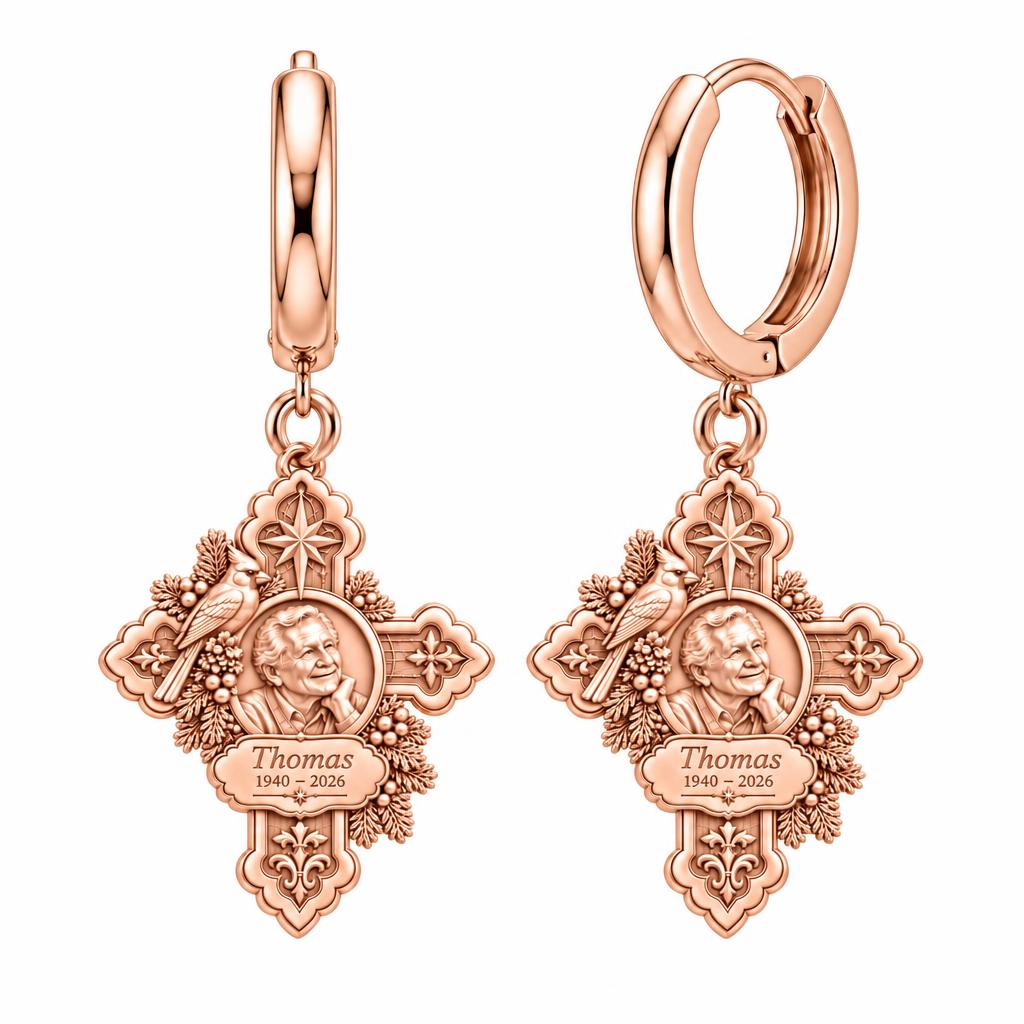 Cardinal Cross Remembrance Huggie Charm Earrings – rose gold, front view