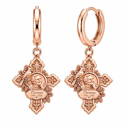 Cardinal Cross Remembrance Huggie Charm Earrings – rose gold, front view