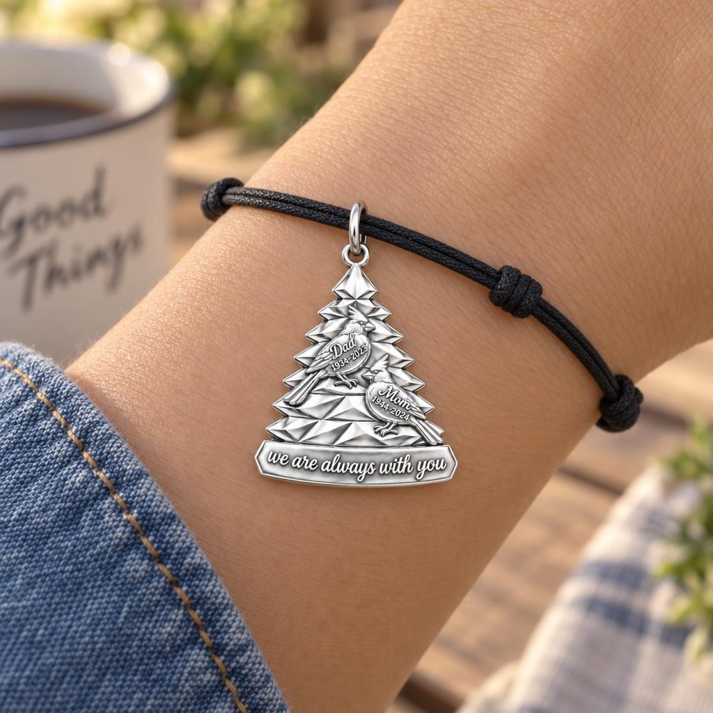 Cardinal Eternal Tree Charm Bracelet – Personalized Memorial Gift – worn on the wrist on a black cord bracelet